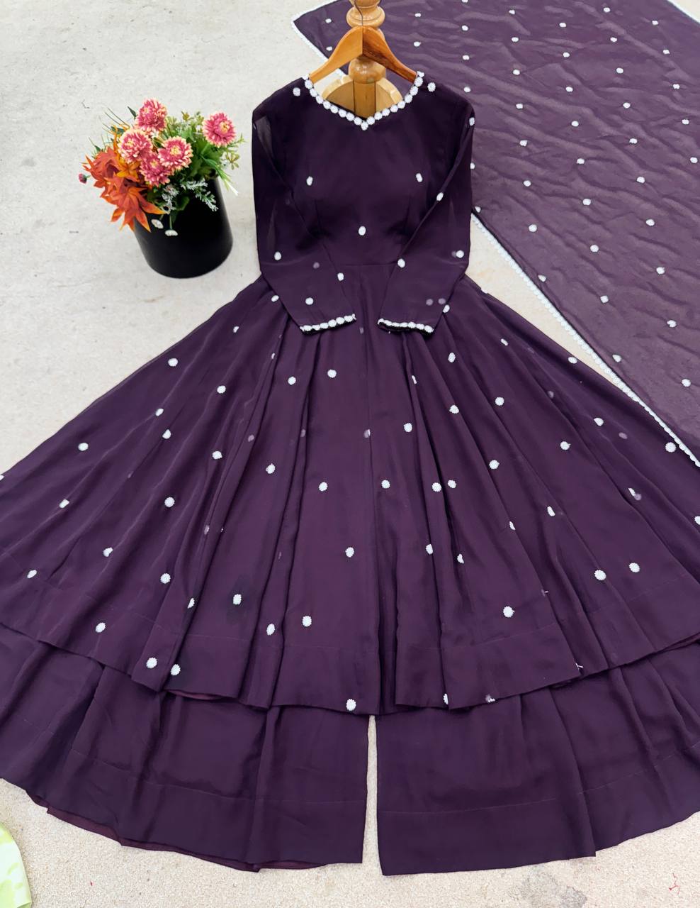 Pretty Purple Georgette Embroidery Work Sharara Suit