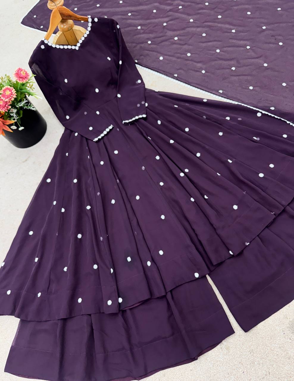 Pretty Purple Georgette Embroidery Work Sharara Suit