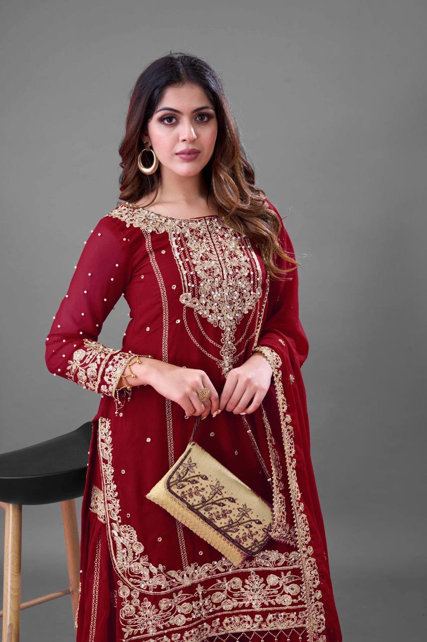Trendy Red Georgette Work Sharara Suit