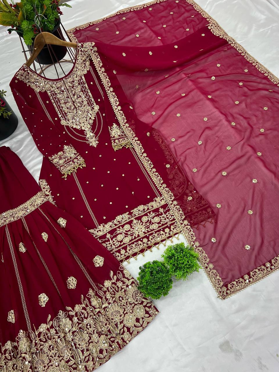 Trendy Red Georgette Work Sharara Suit