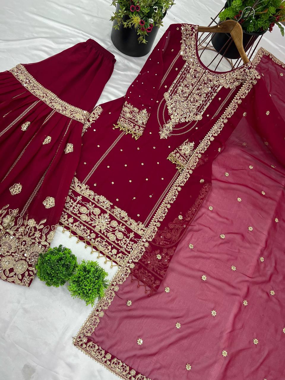 Trendy Red Georgette Work Sharara Suit