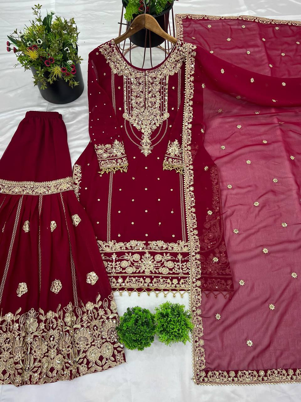 Trendy Red Georgette Work Sharara Suit