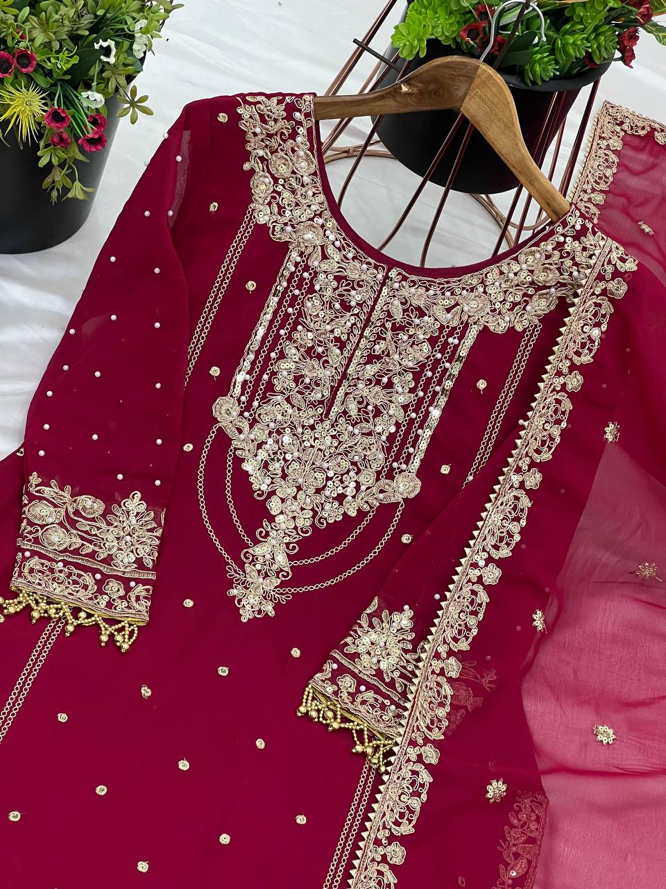 Trendy Red Georgette Work Sharara Suit