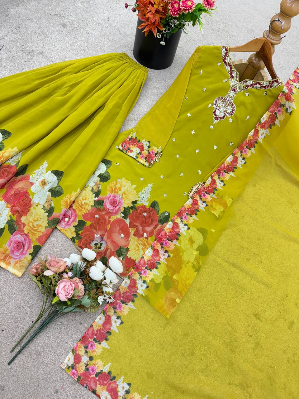 Lovely Parrot Green Georgette Sequence Work Sharara Suit