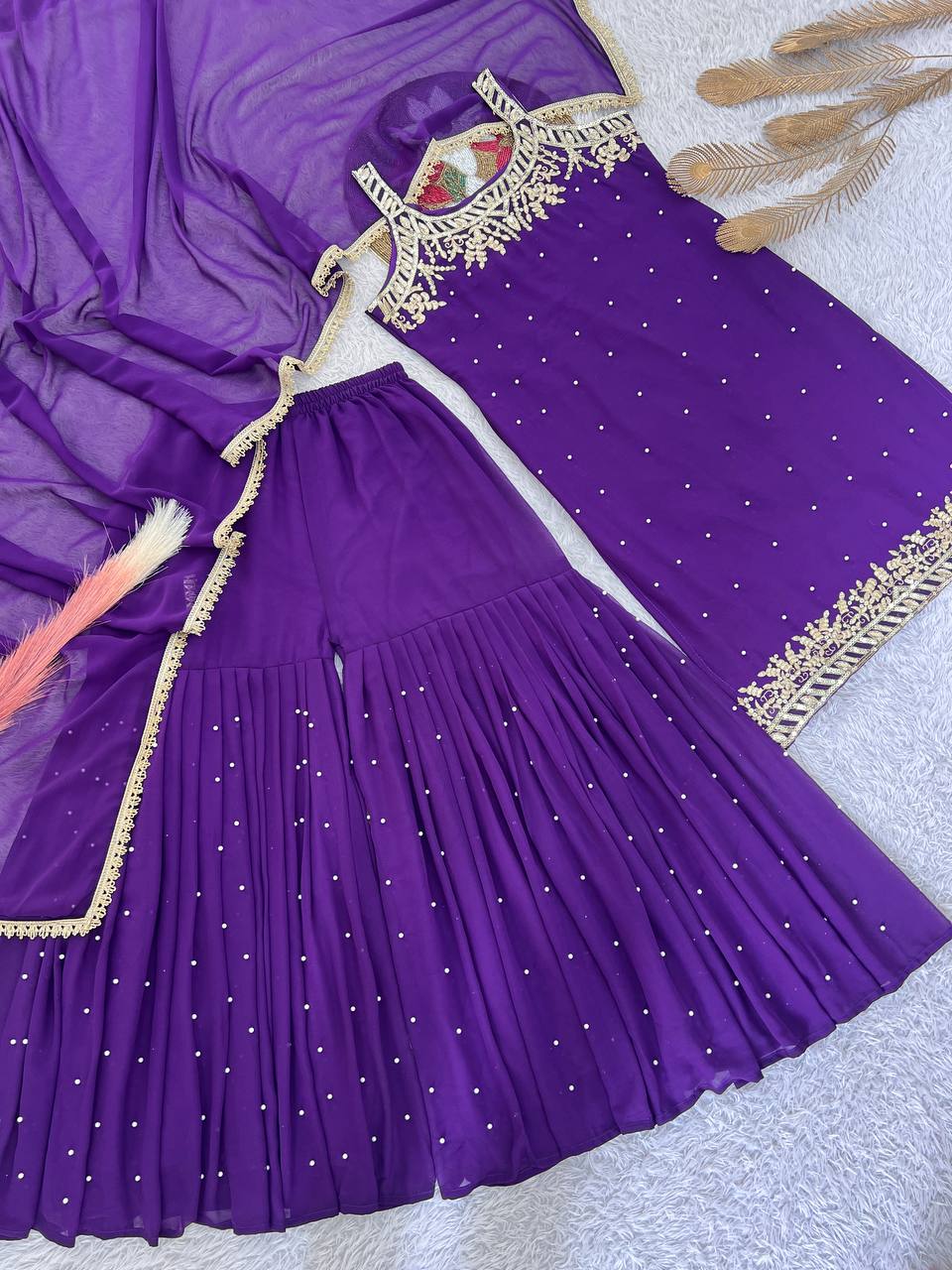 Trendy Red Georgette Embroidery Work Sharara Suit