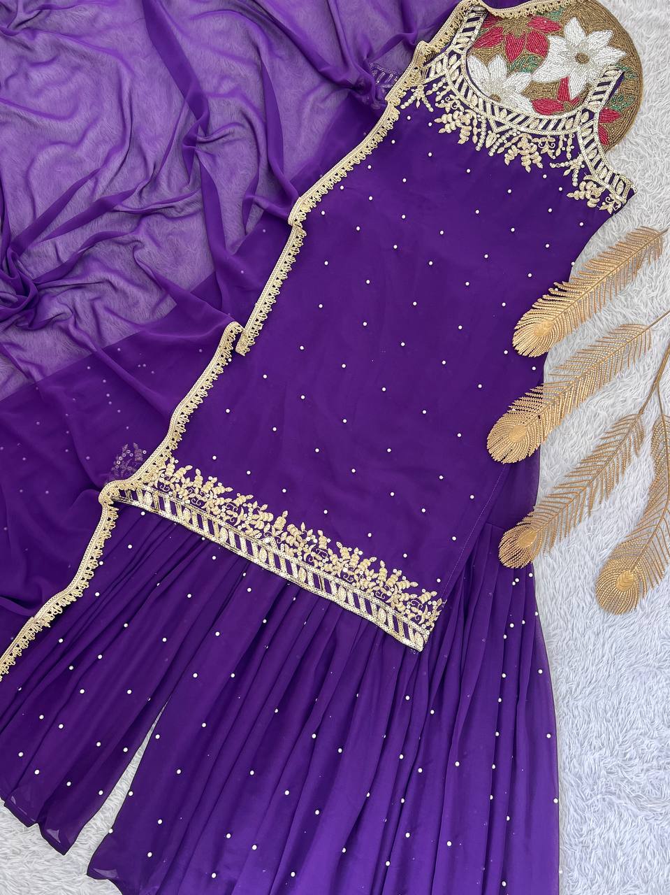Trendy Red Georgette Embroidery Work Sharara Suit
