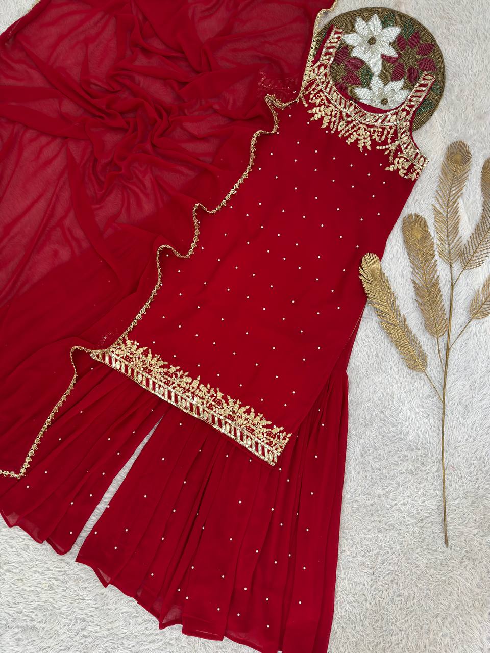 Trendy Red Georgette Embroidery Work Sharara Suit