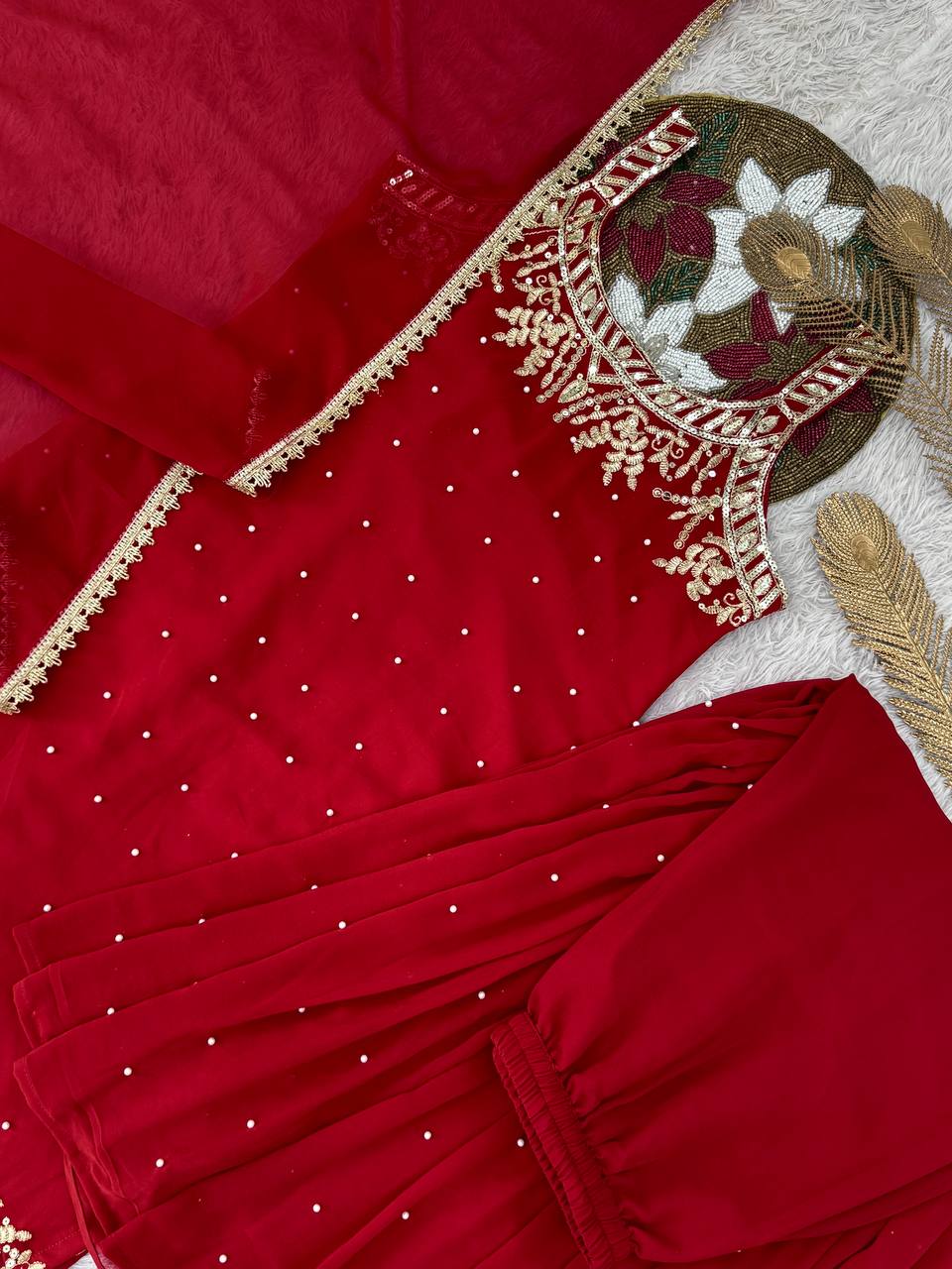 Trendy Red Georgette Embroidery Work Sharara Suit