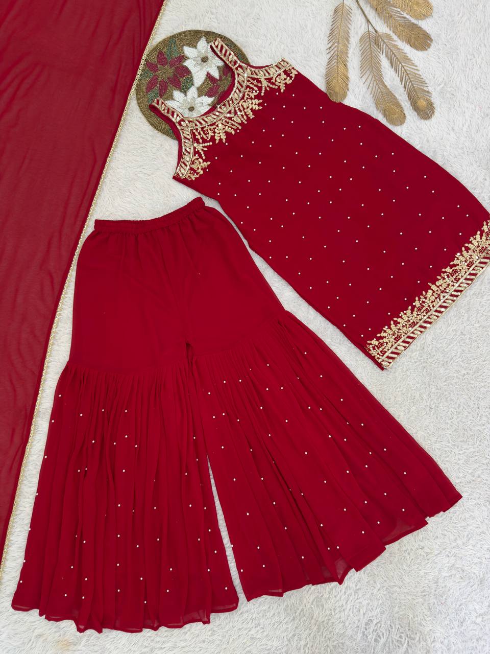 Trendy Red Georgette Embroidery Work Sharara Suit