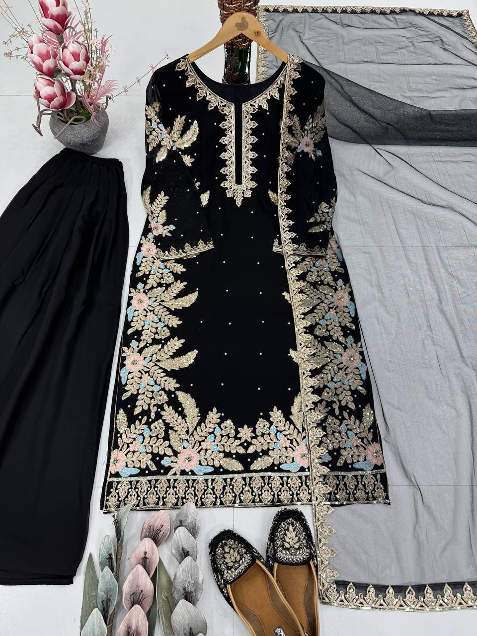 Stylish Black Georgette with Embroidery Work Sharara Suit