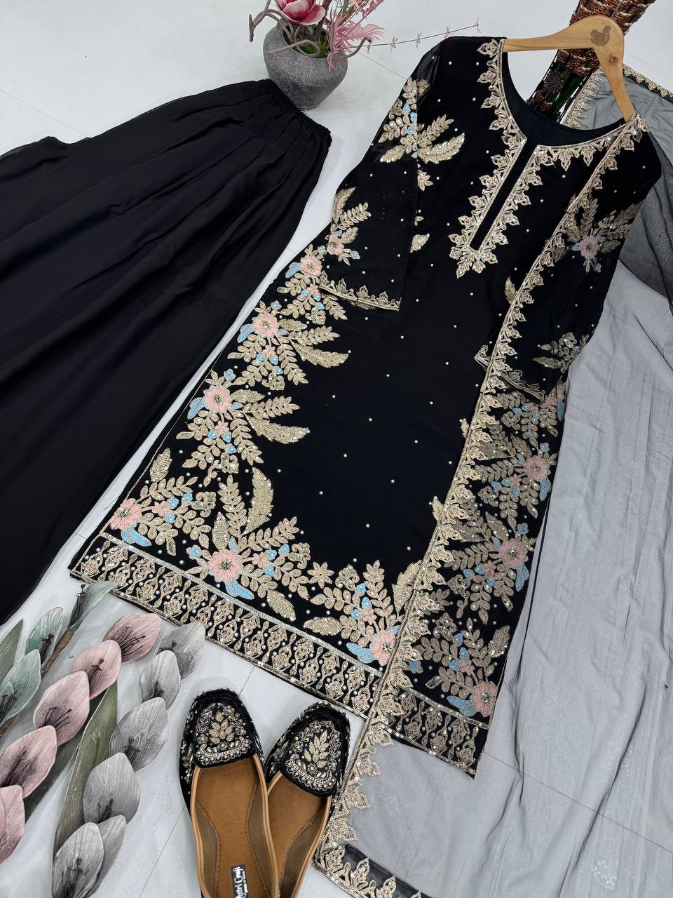 Stylish Black Georgette with Embroidery Work Sharara Suit