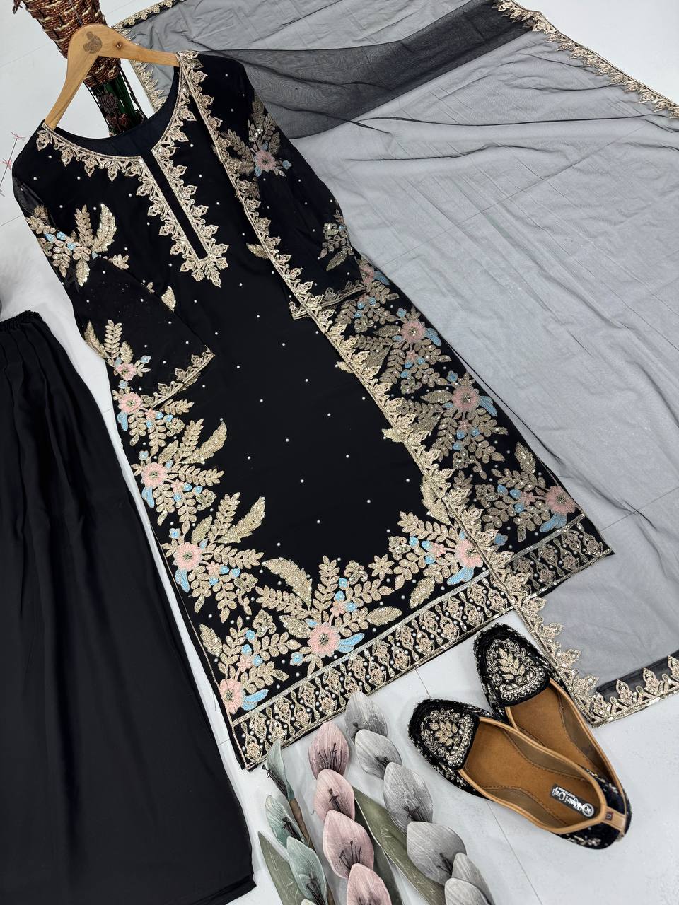 Stylish Black Georgette with Embroidery Work Sharara Suit