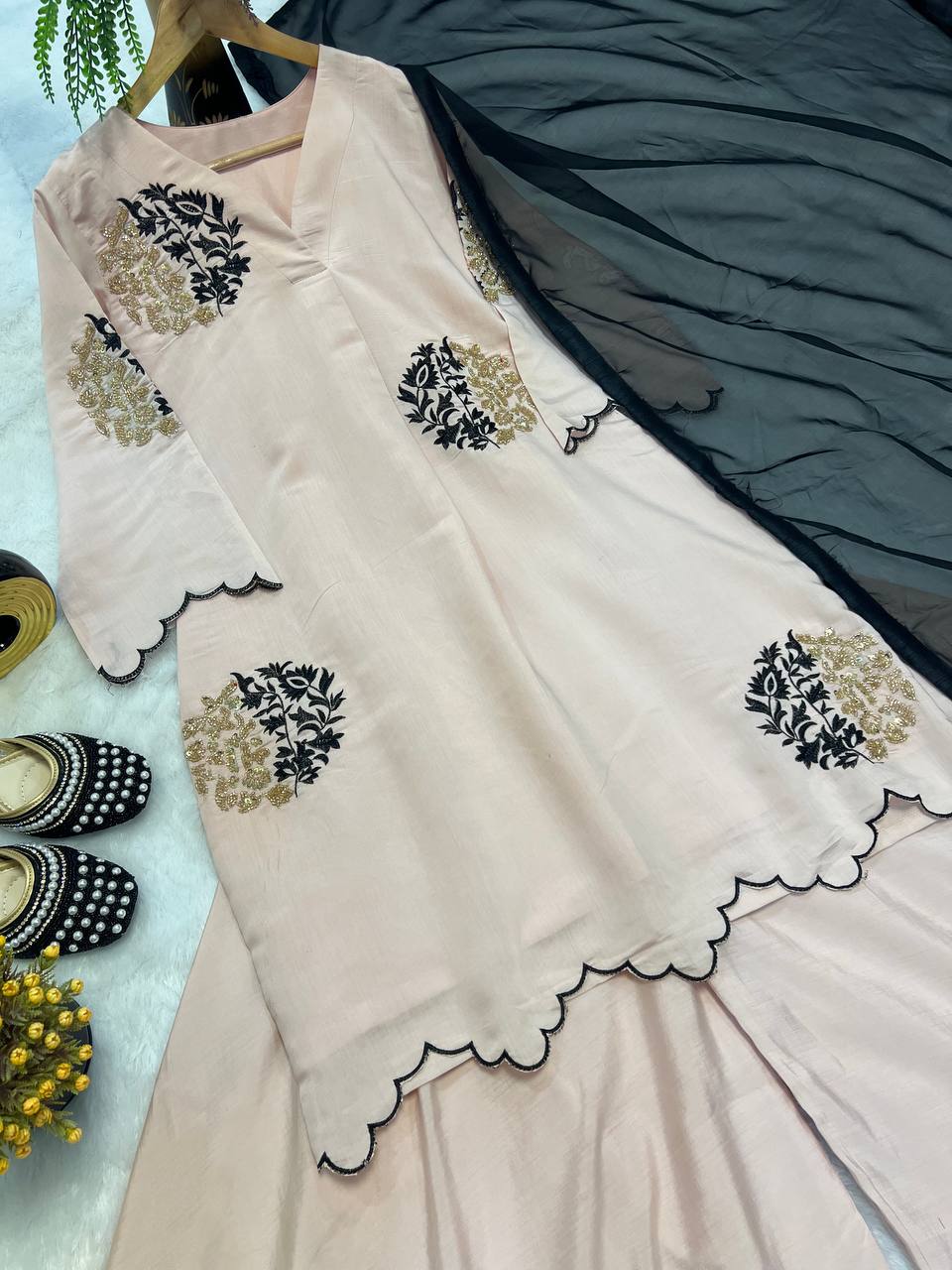 Fancy Pink Roman Silk with Zari Work Palazzo Suit