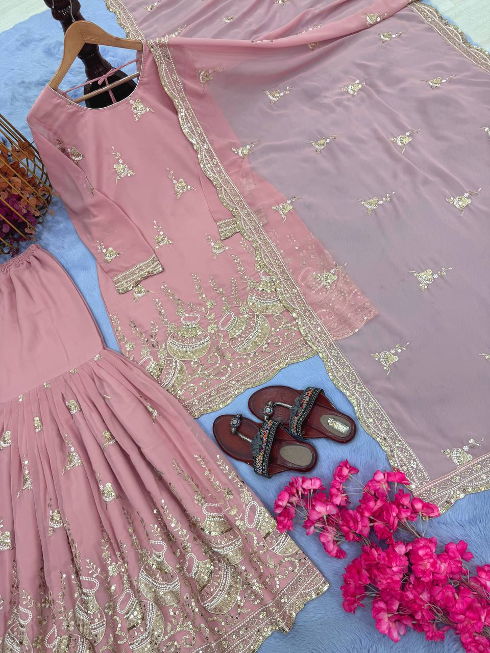 Alluring Pink Georgette Sequence Work Sharara Suit