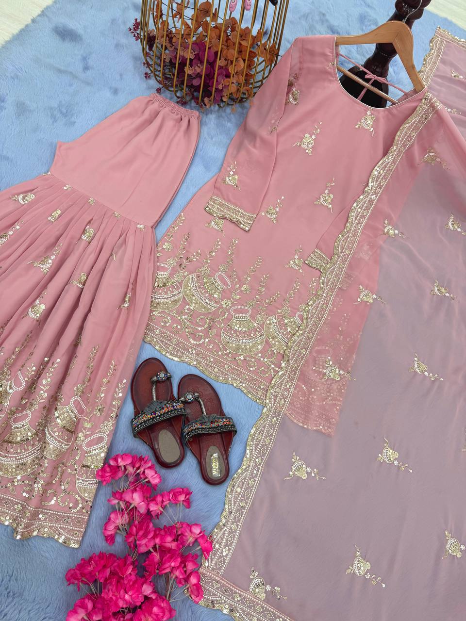 Alluring Pink Georgette Sequence Work Sharara Suit