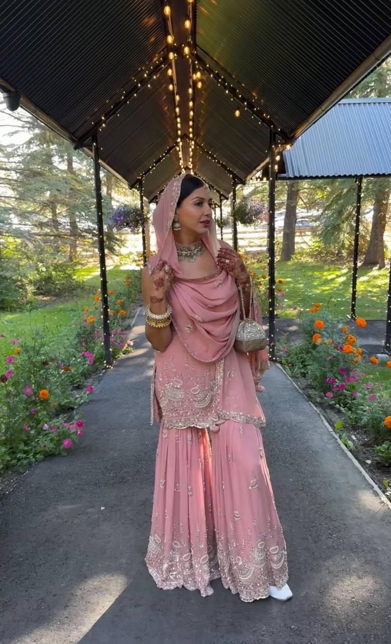 Alluring Pink Georgette Sequence Work Sharara Suit