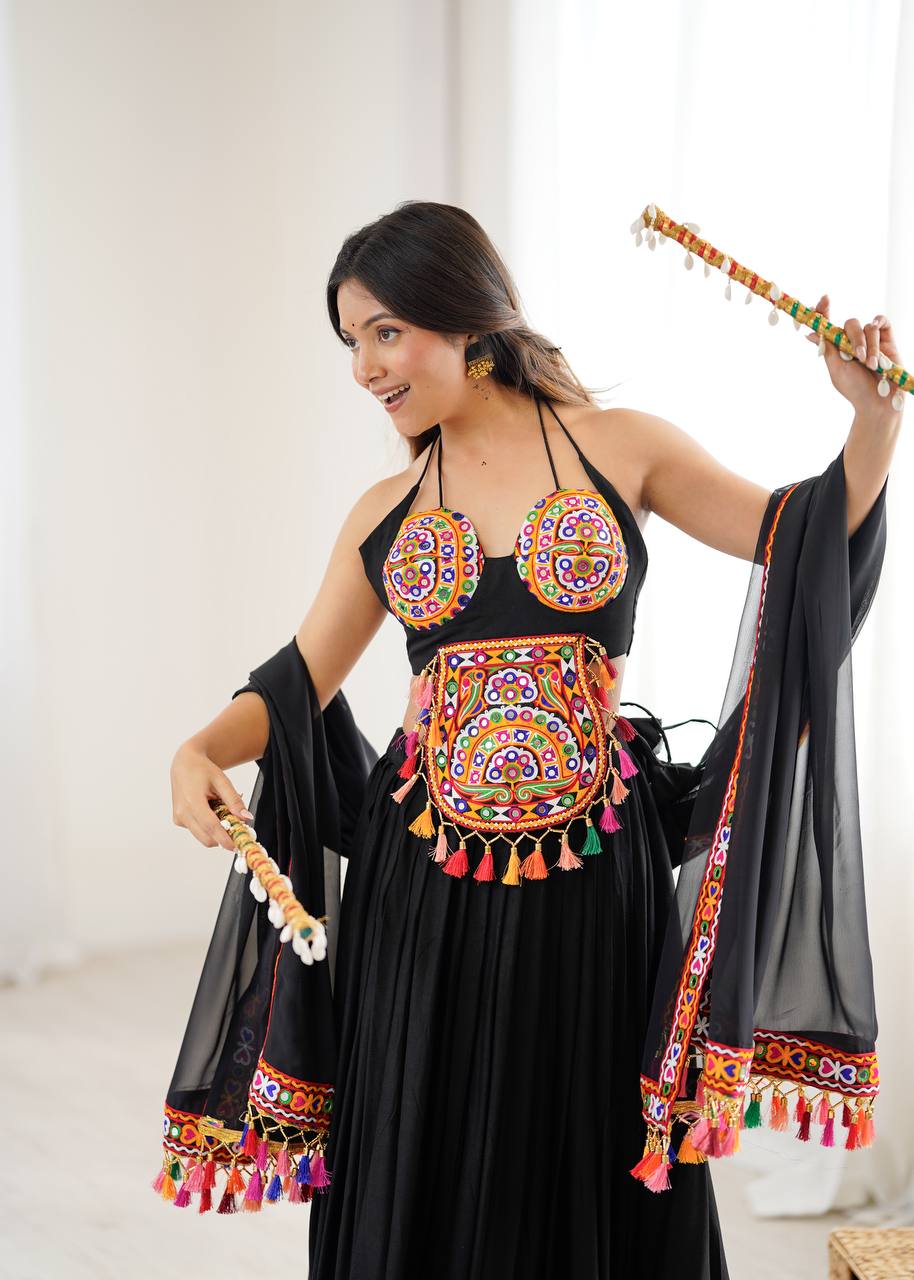 Lovely Black Rayon Gamthi Work Lehenga Choli