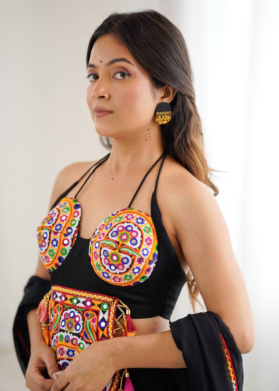 Lovely Black Rayon Gamthi Work Lehenga Choli