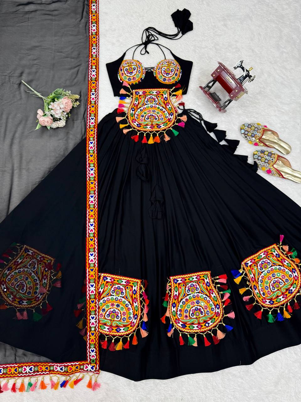 Lovely Black Rayon Gamthi Work Lehenga Choli