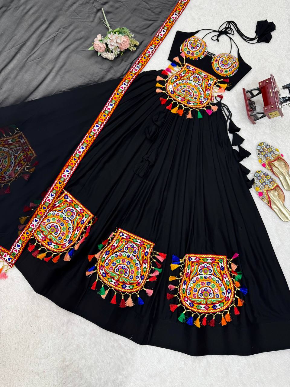 Lovely Black Rayon Gamthi Work Lehenga Choli