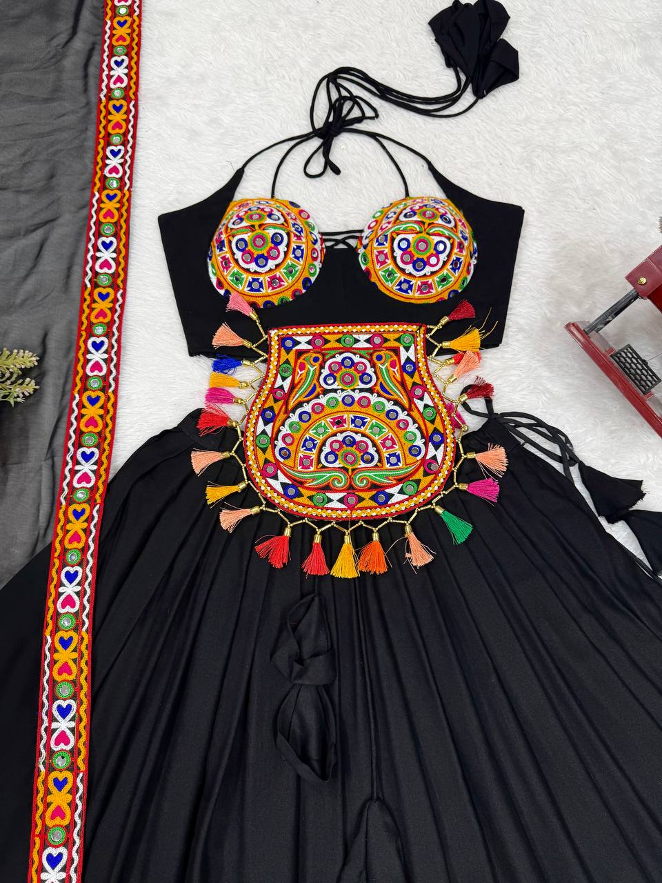 Lovely Black Rayon Gamthi Work Lehenga Choli