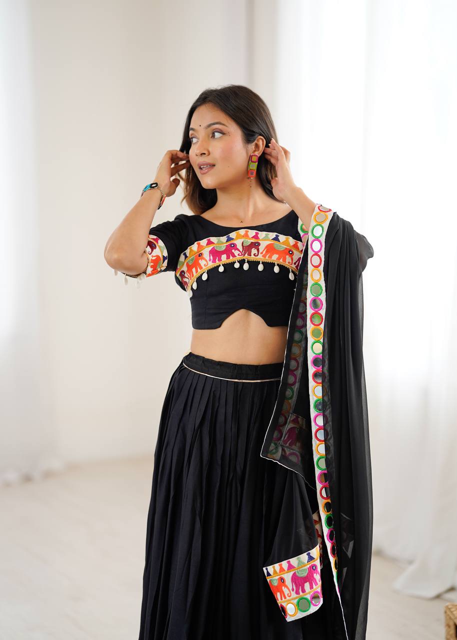 Lovely Black Rayon With Mirror Work Lehenga Choli