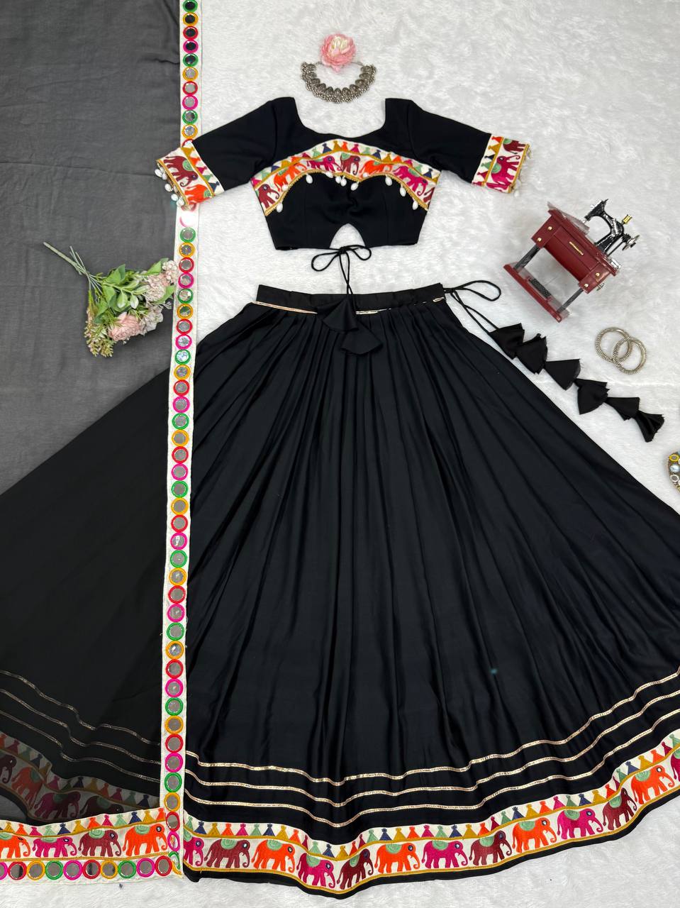 Lovely Black Rayon With Mirror Work Lehenga Choli