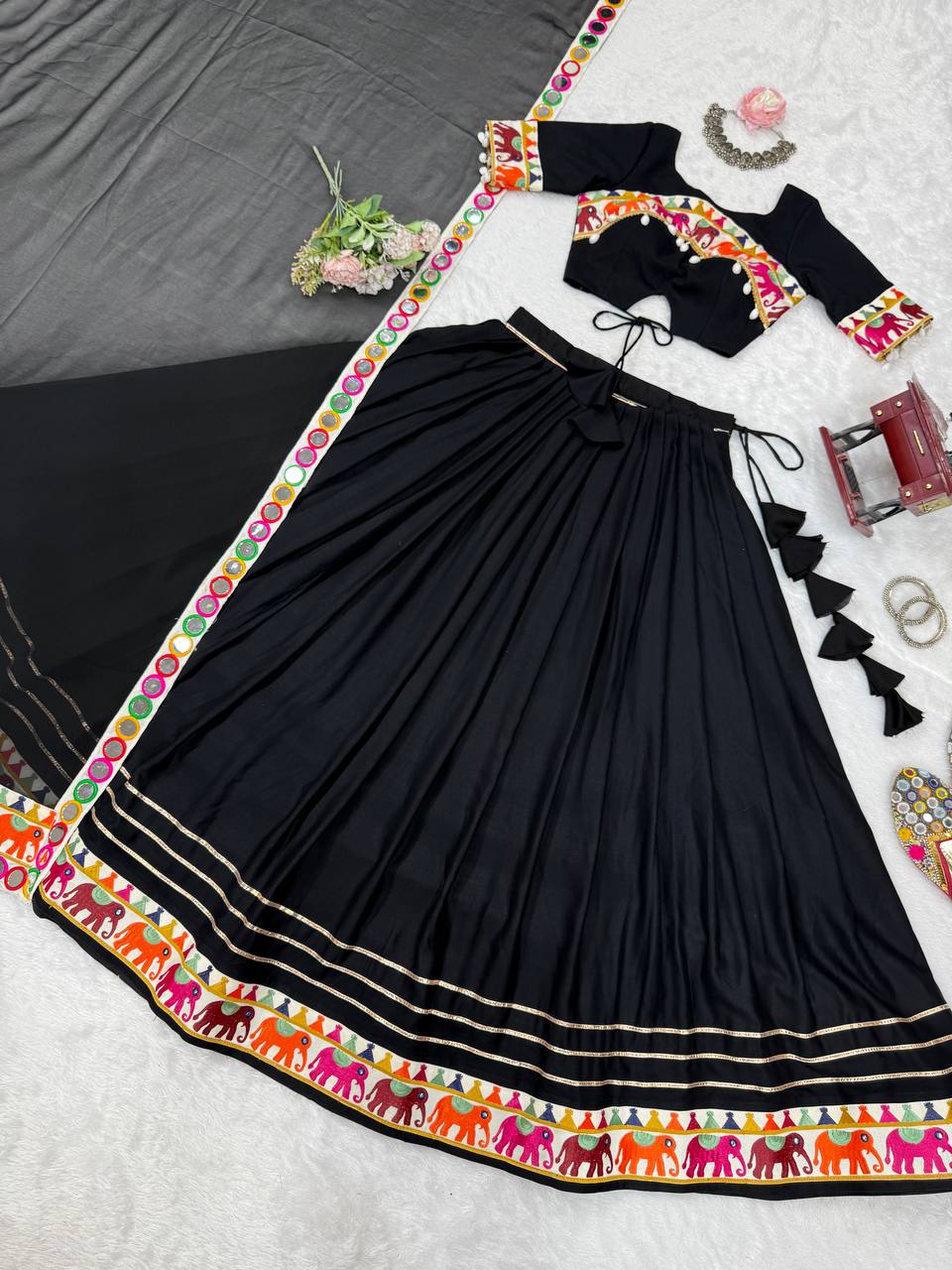 Lovely Black Rayon With Mirror Work Lehenga Choli