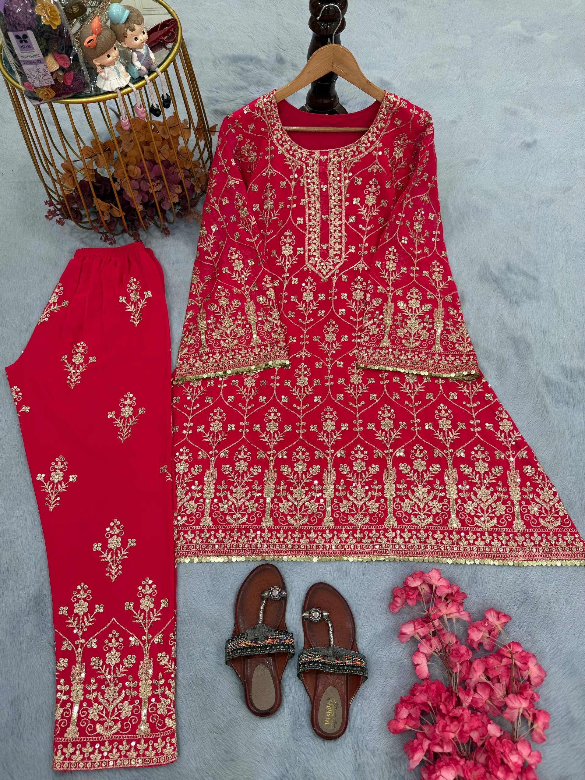Captivating Orange Georgette Sequence Work Palazzo Suit