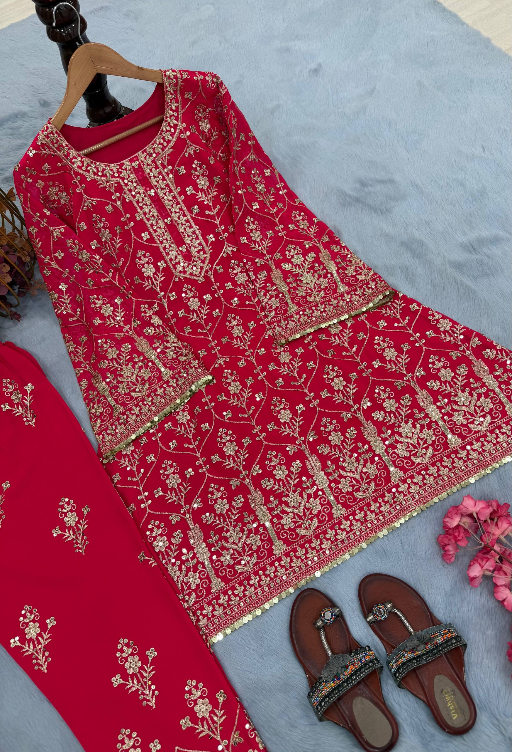 Captivating Orange Georgette Sequence Work Palazzo Suit