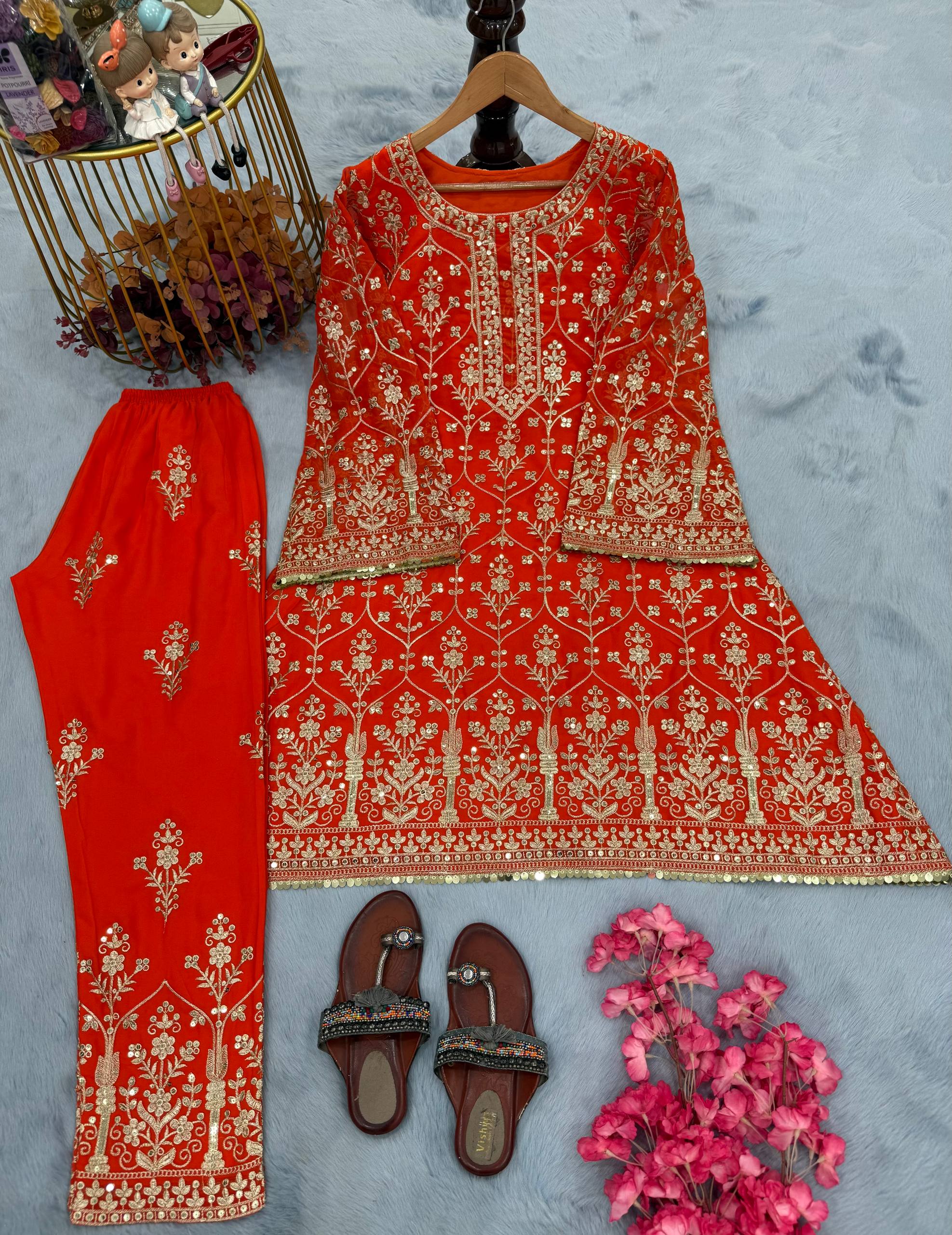 Captivating Orange Georgette Sequence Work Palazzo Suit