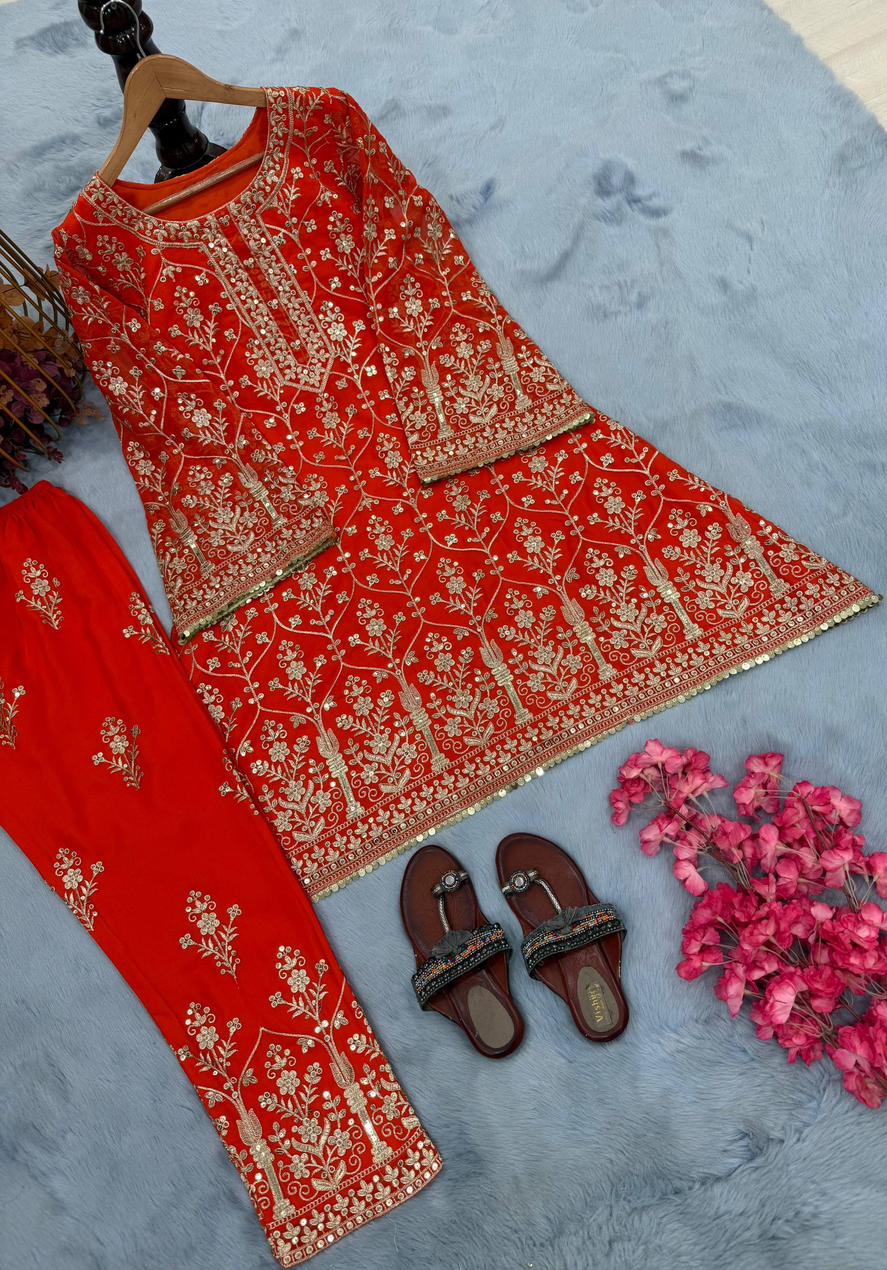 Captivating Orange Georgette Sequence Work Palazzo Suit