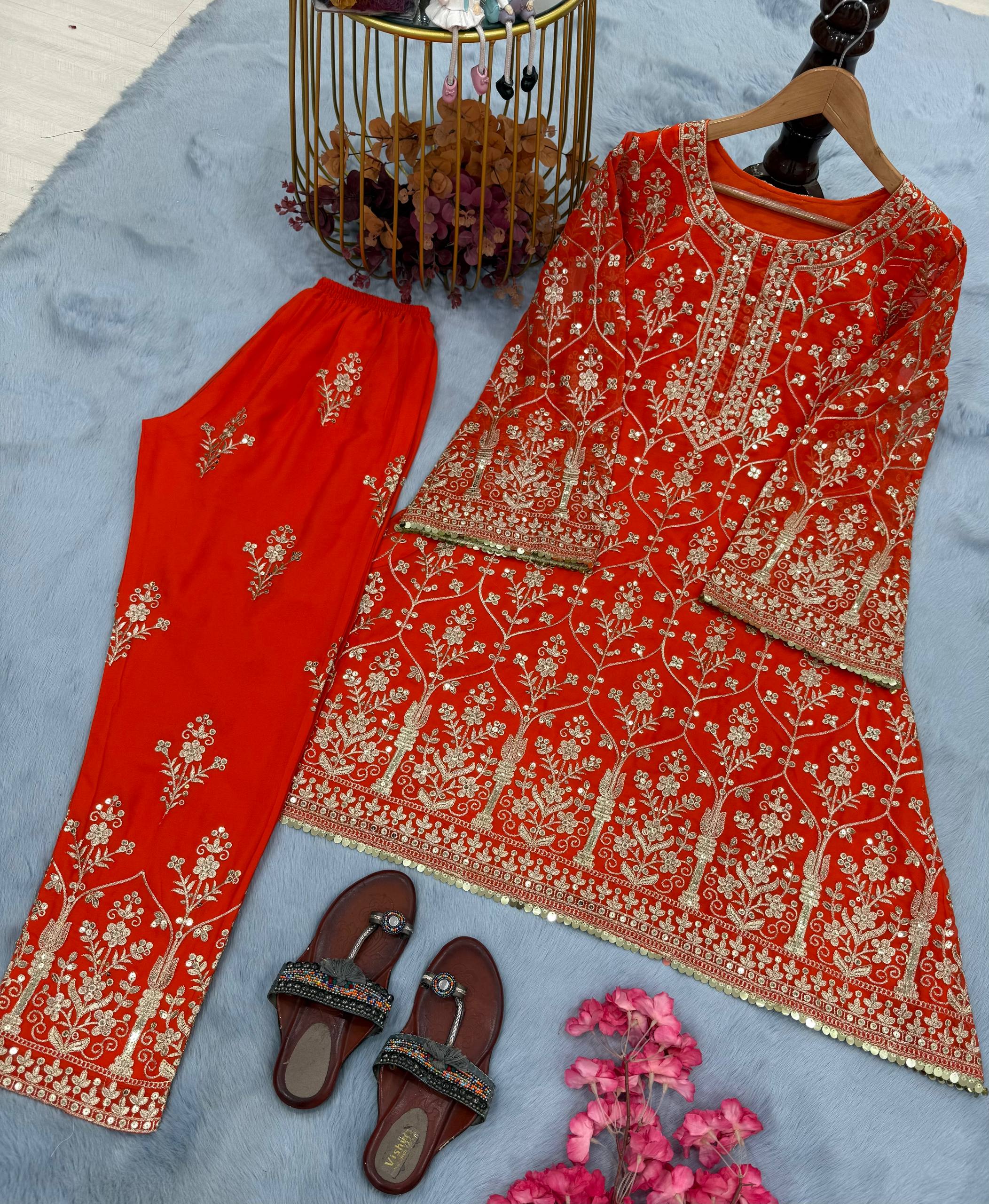 Captivating Orange Georgette Sequence Work Palazzo Suit
