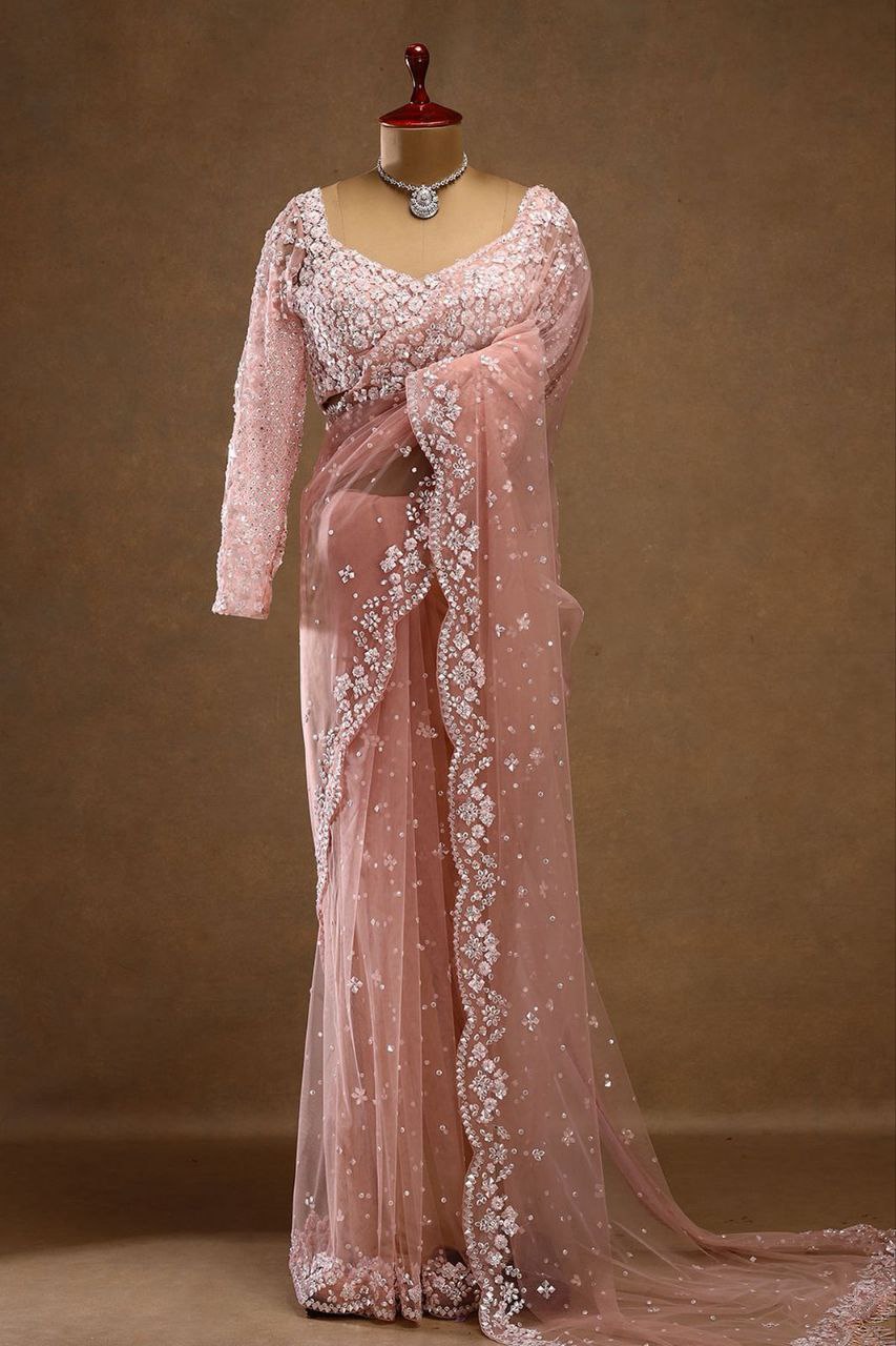 Ravishing Pink Net with Sequins Work Saree