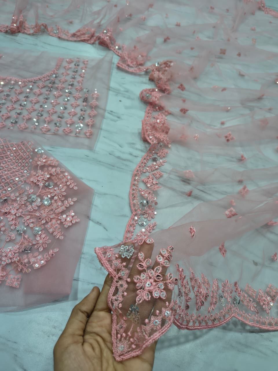 Ravishing Pink Net with Sequins Work Saree