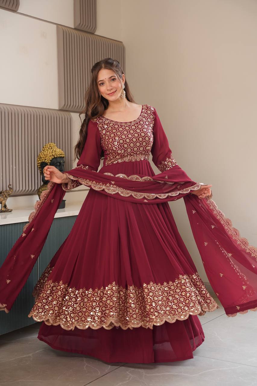 Lovely Red Georgette Embroidery Sharara Suit