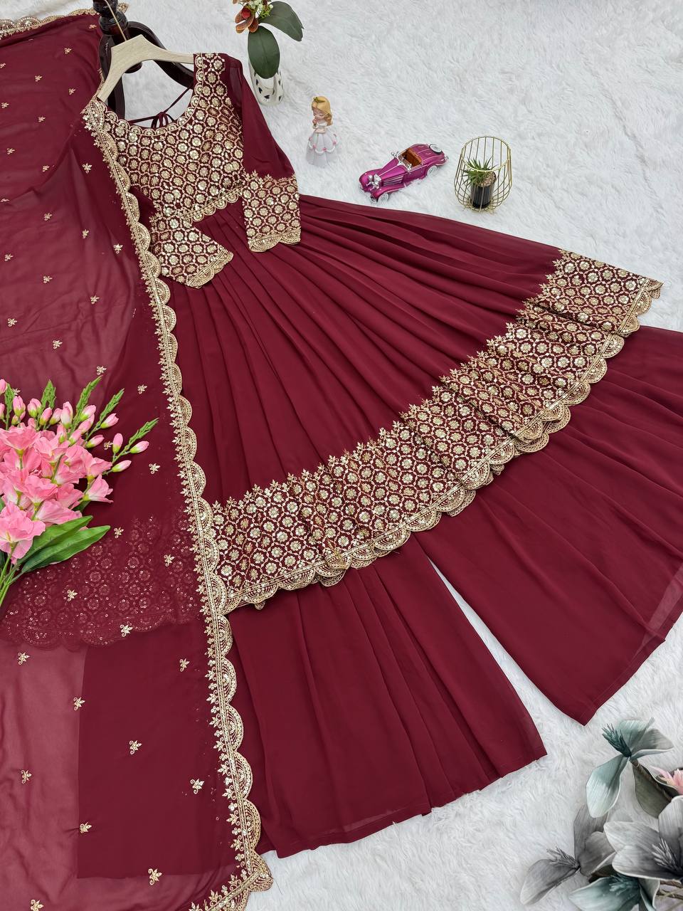 Lovely Red Georgette Embroidery Sharara Suit