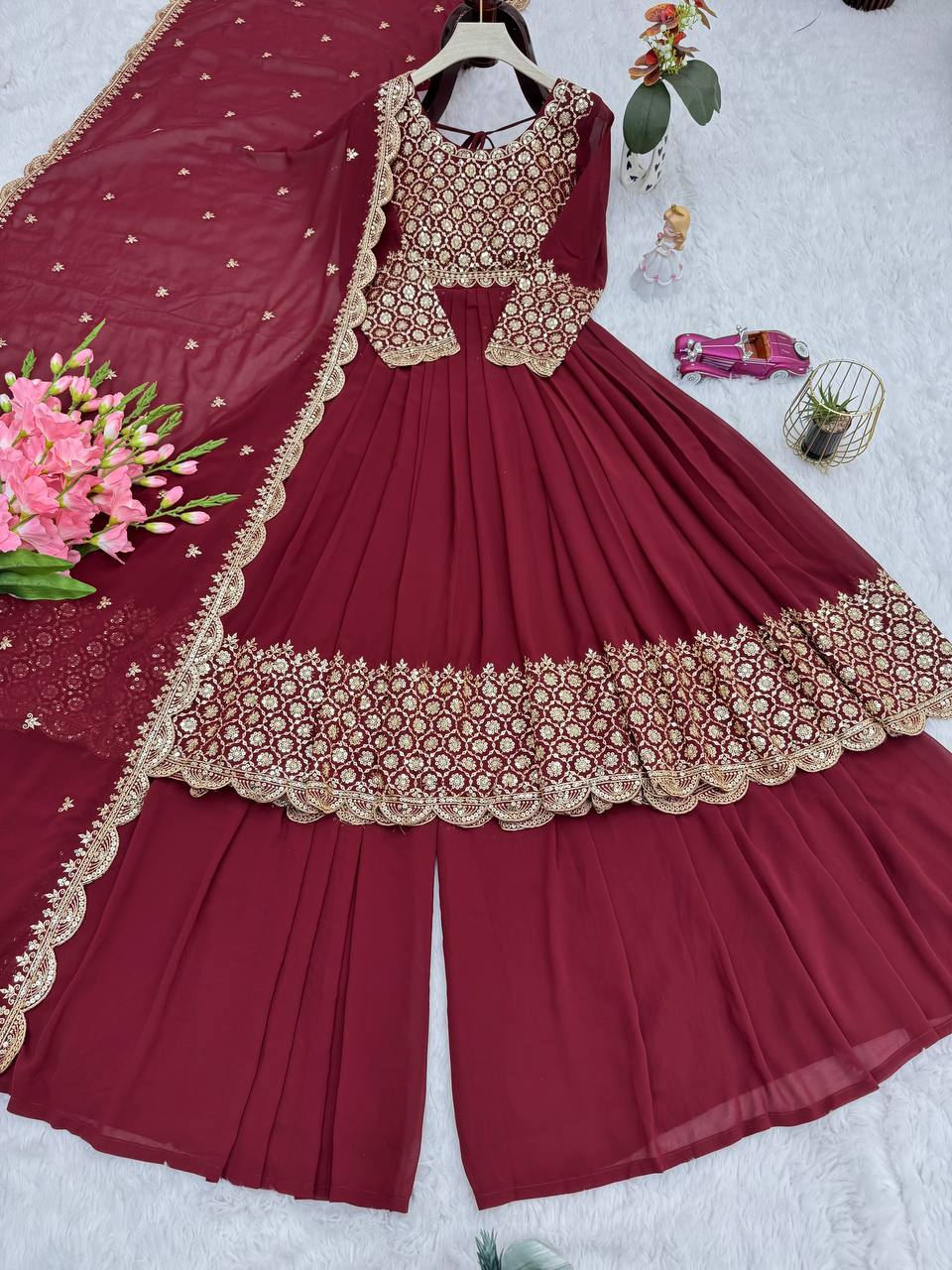Lovely Red Georgette Embroidery Sharara Suit