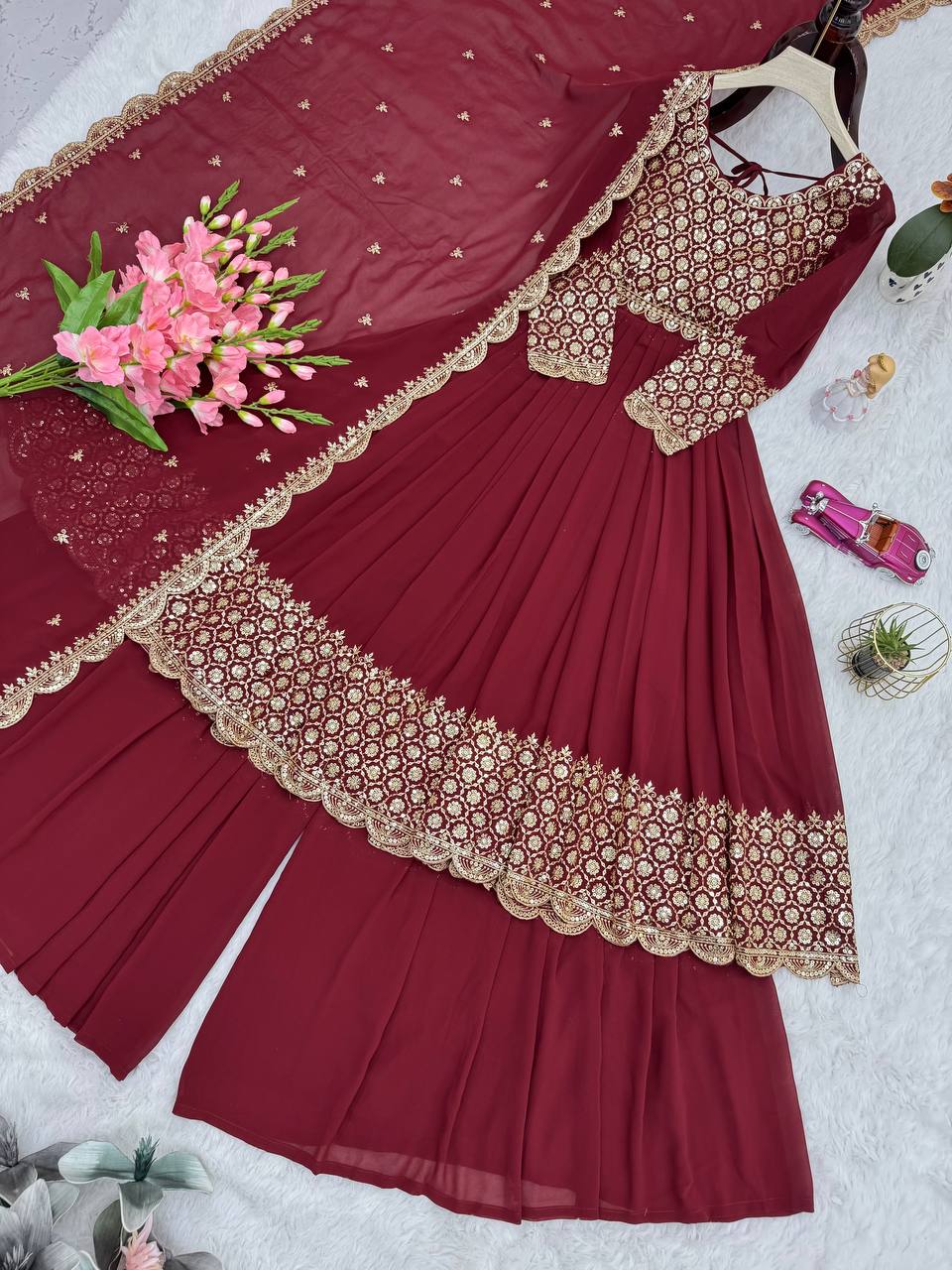Lovely Red Georgette Embroidery Sharara Suit
