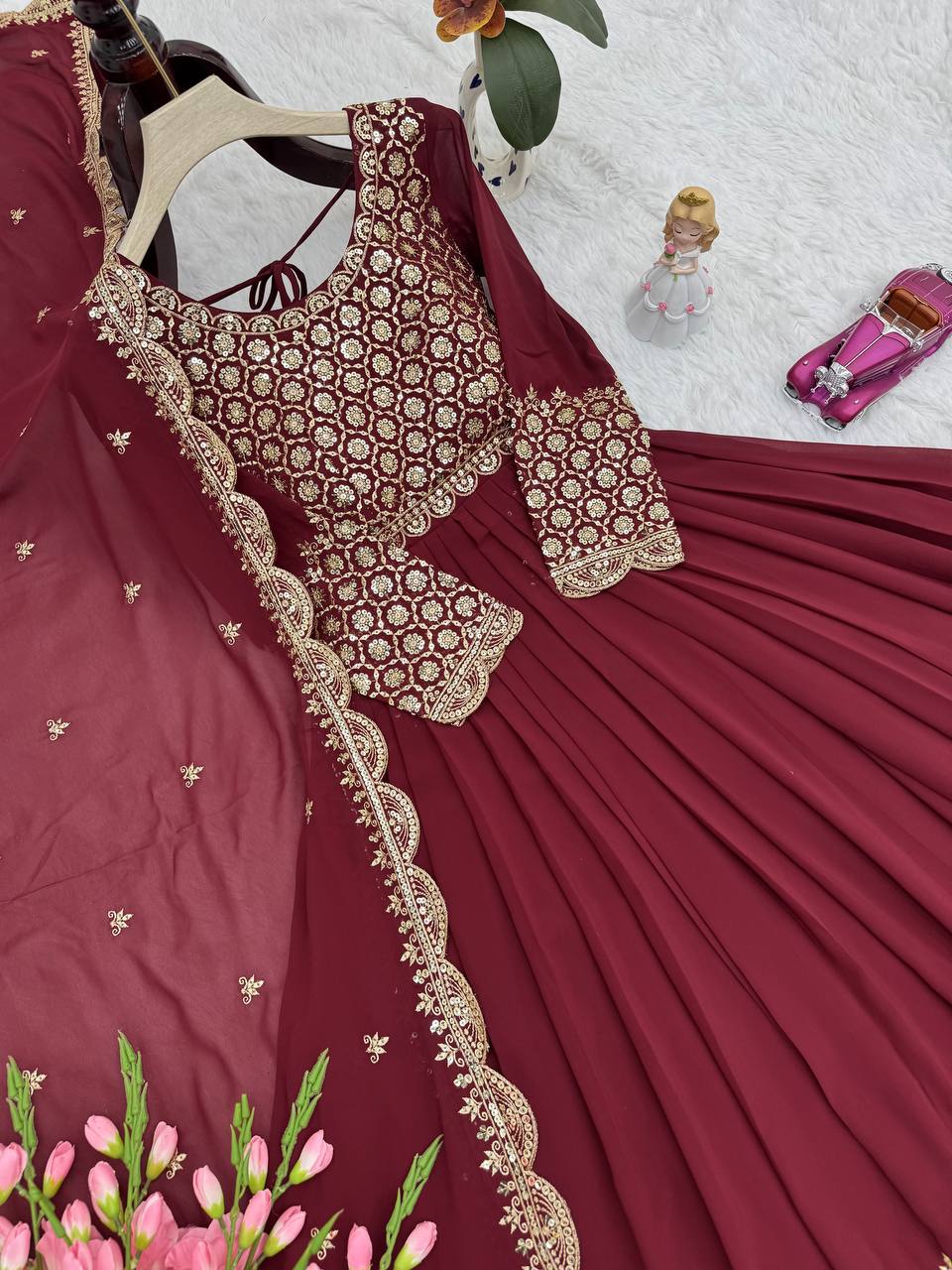 Lovely Red Georgette Embroidery Sharara Suit