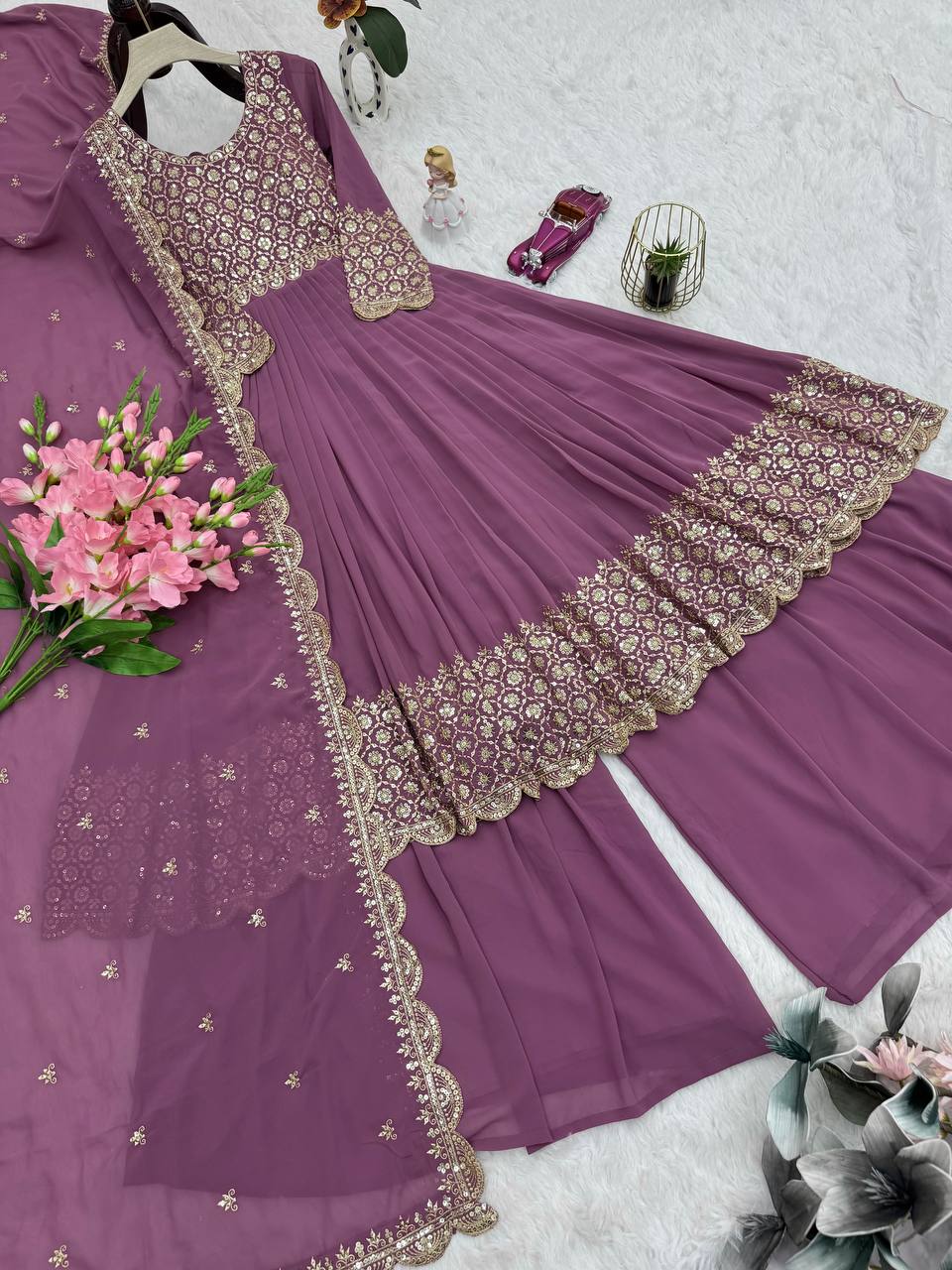 Lovely Red Georgette Embroidery Sharara Suit