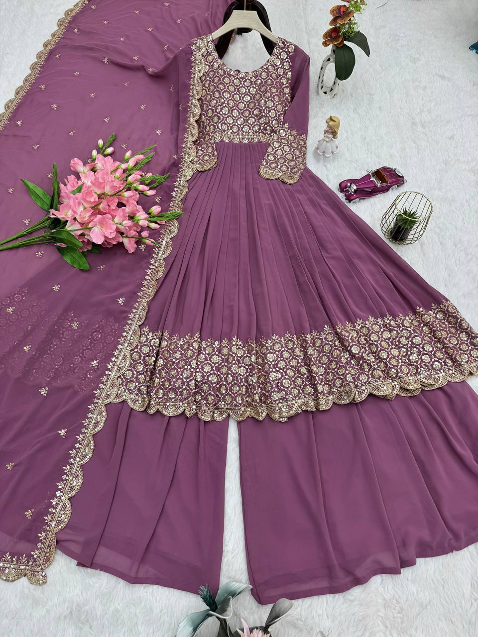 Lovely Red Georgette Embroidery Sharara Suit