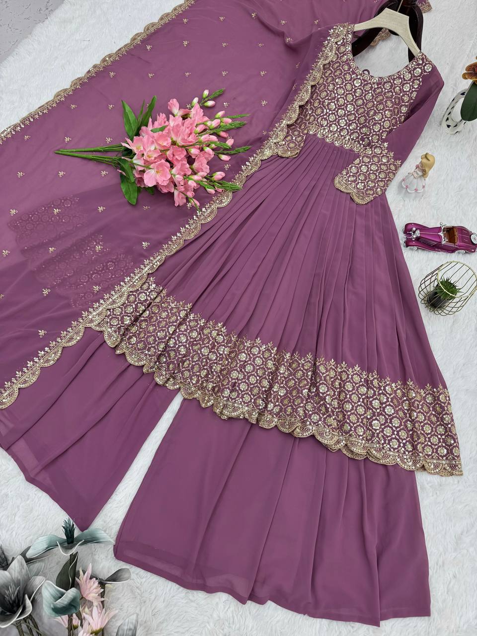 Lovely Red Georgette Embroidery Sharara Suit