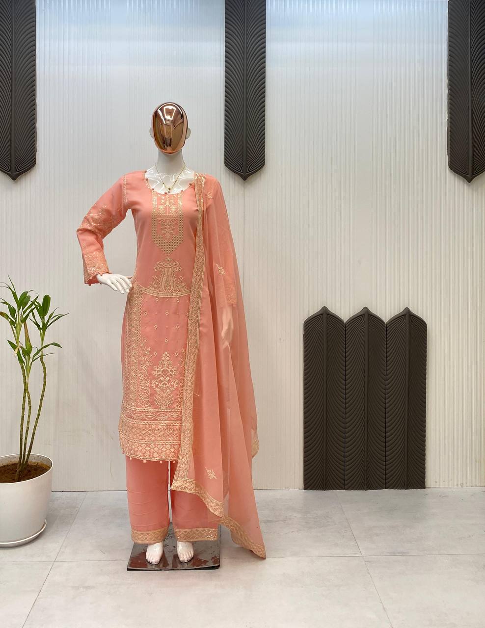 Graceful Peach Georgette Sequence Work Palazzo Suit