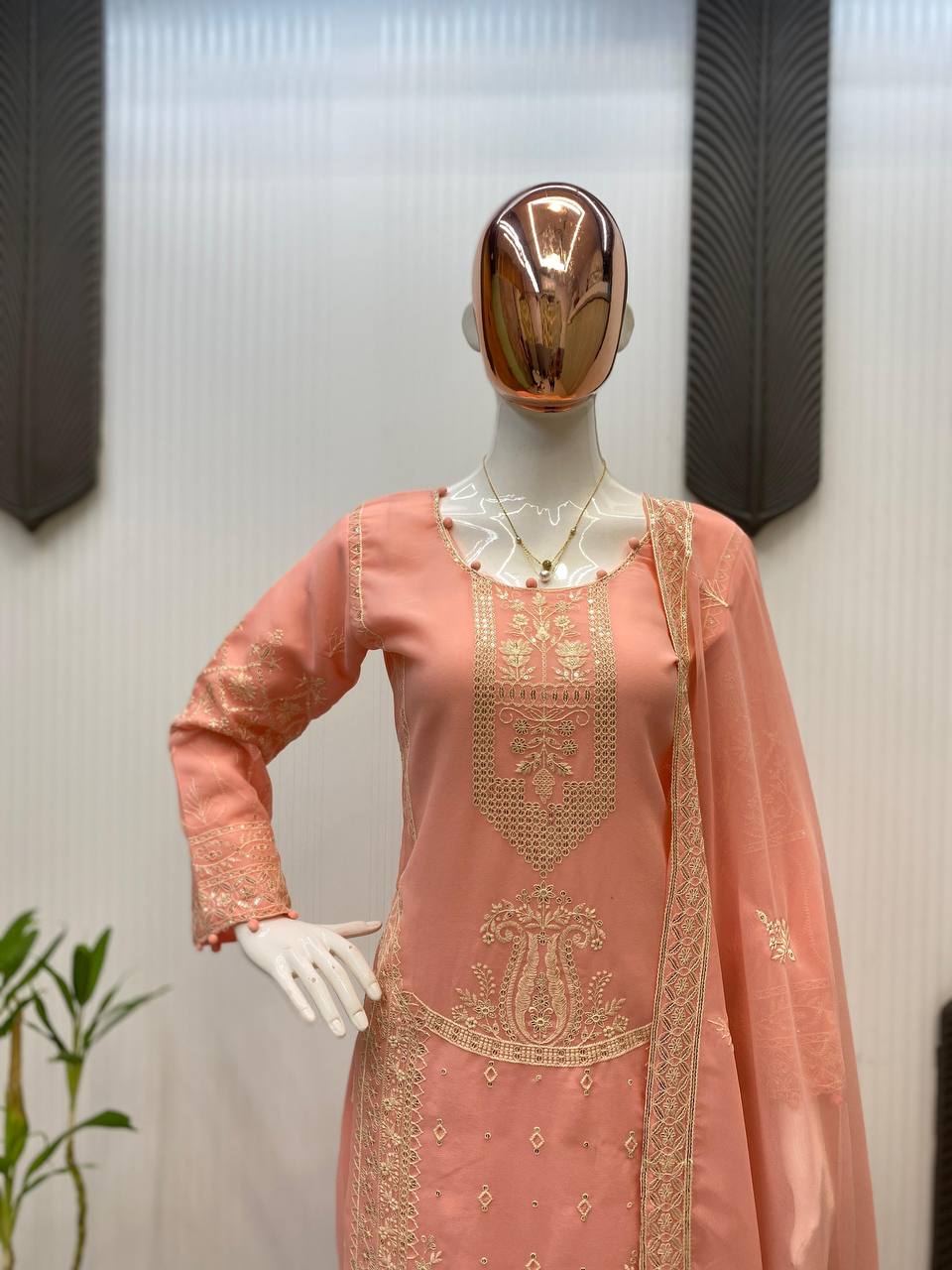 Graceful Peach Georgette Sequence Work Palazzo Suit