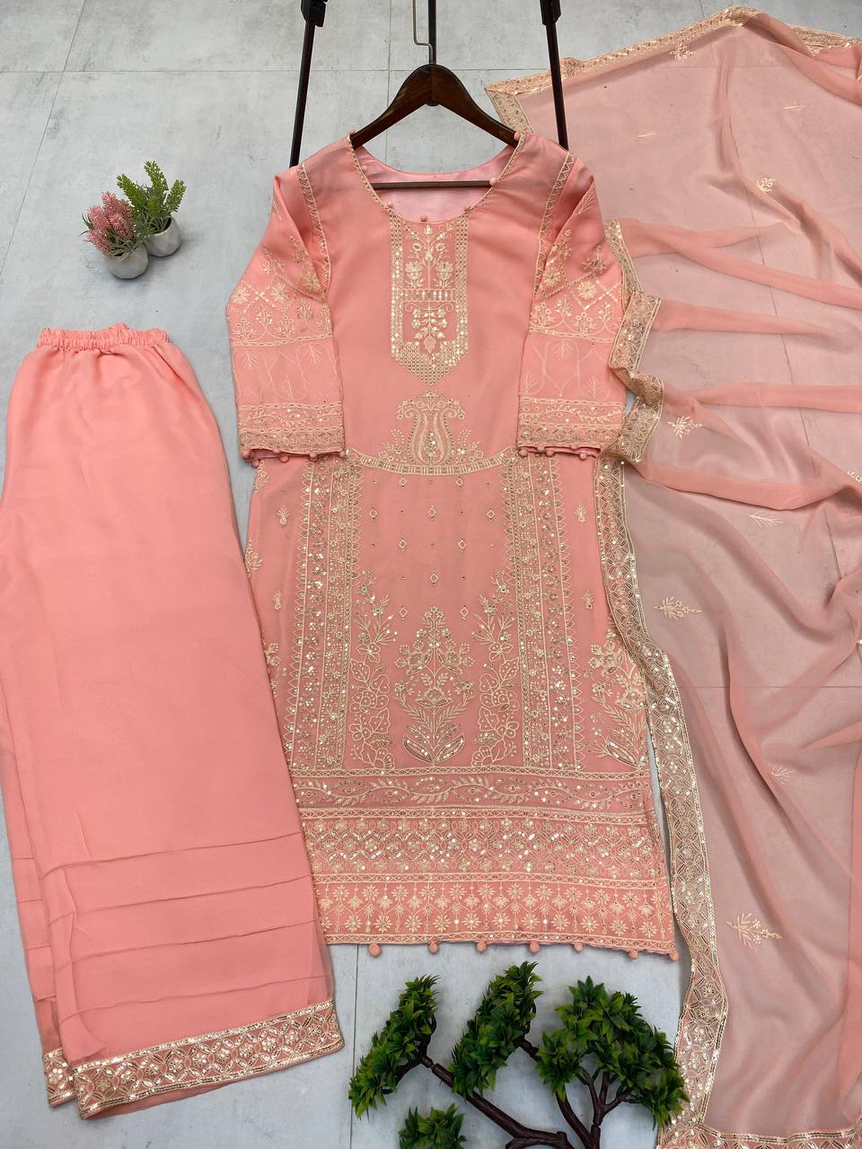 Graceful Peach Georgette Sequence Work Palazzo Suit