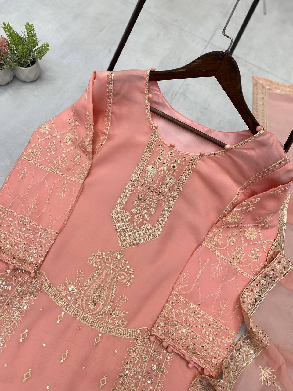 Graceful Peach Georgette Sequence Work Palazzo Suit