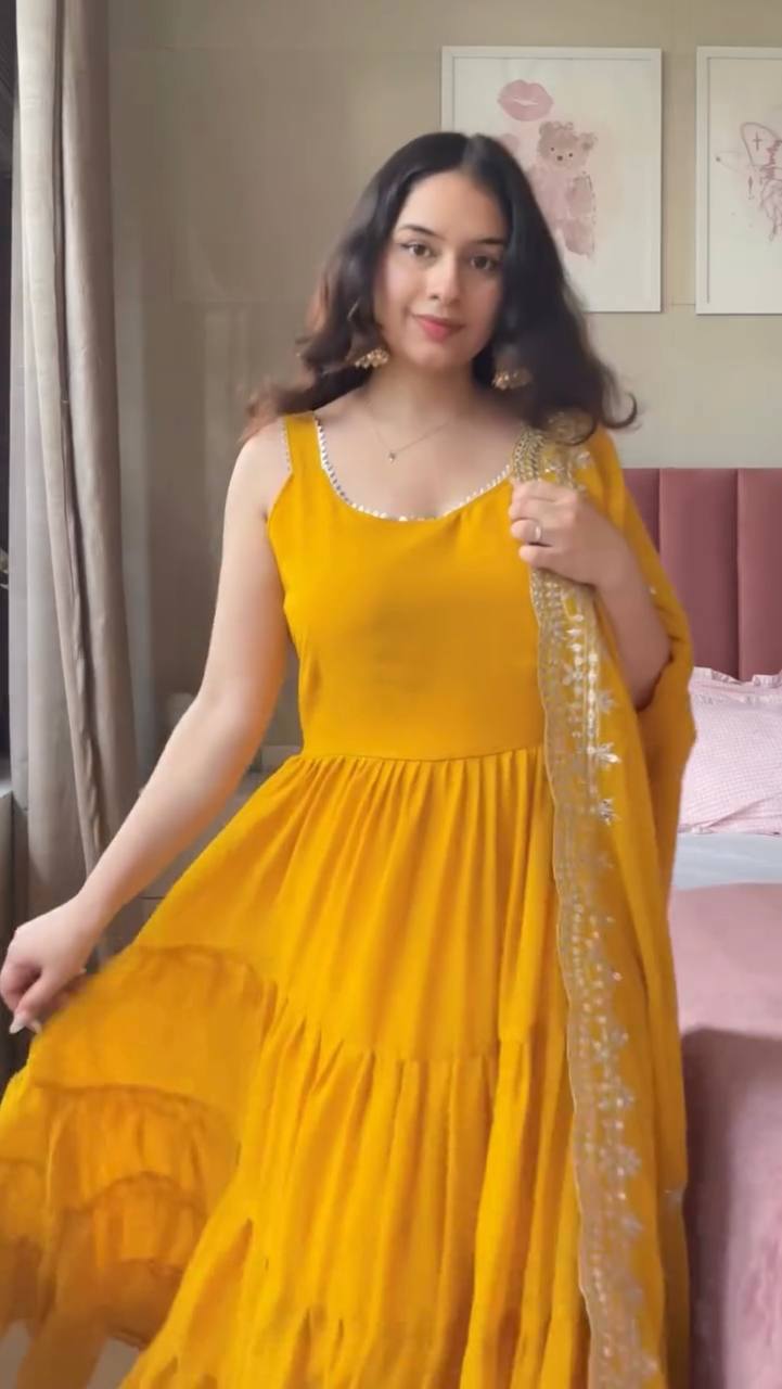 Lovely Yellow Georgette Lace Work Anarkali