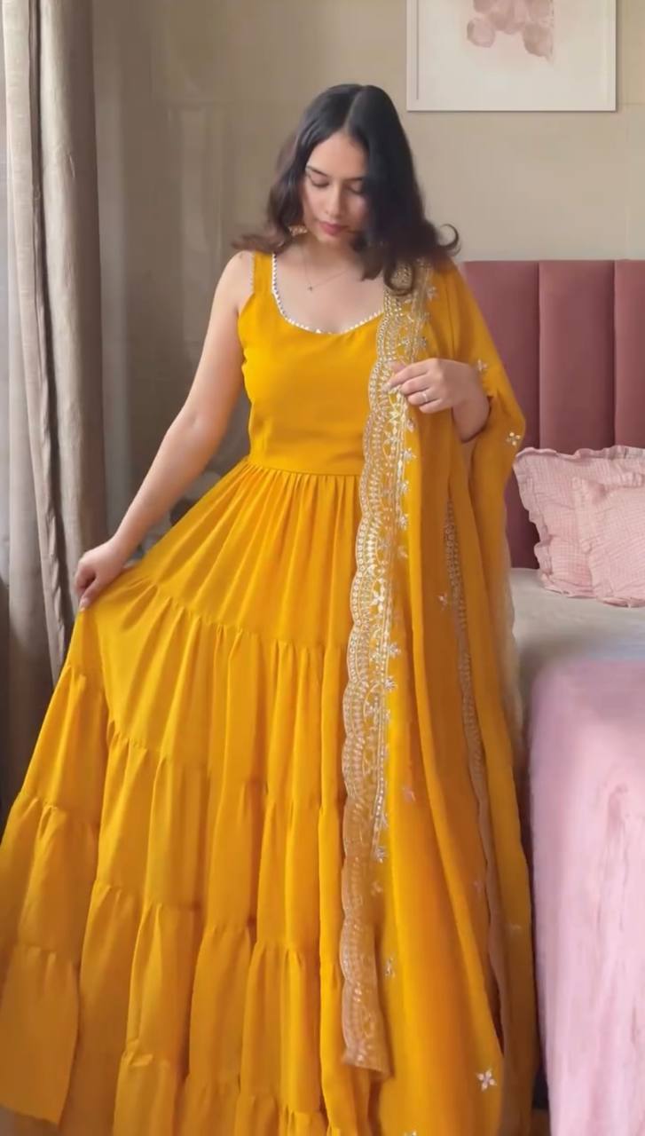 Lovely Yellow Georgette Lace Work Anarkali
