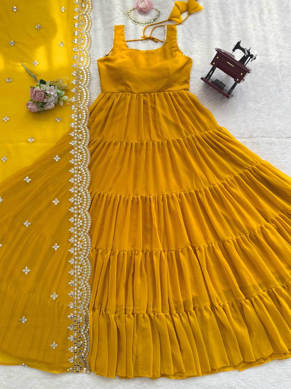 Lovely Yellow Georgette Lace Work Anarkali